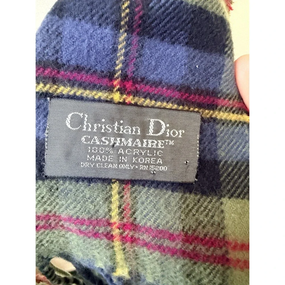 CHRISTIAN DIOR Cashmaire Acrylic Scarf Fringed Tartan Plaid Made In Korea 54x12